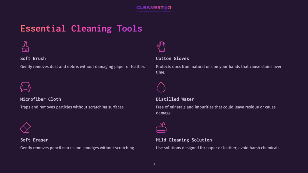 Essential Cleaning Tools Graphic: Soft Brush, Cotton Gloves, Microfiber Cloth, Distilled Water, Soft Eraser, And Mild Cleaning Solution Icons On A Dark Purple Background With The Cleanestor Logo.