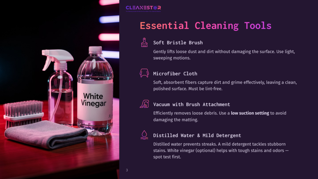 Essential Cleaning Tools: Spray Bottle With White Vinegar, Microfiber Cloth, Soft Bristle Brush, And Vacuum With Brush Attachment On A Dark Wooden Surface.