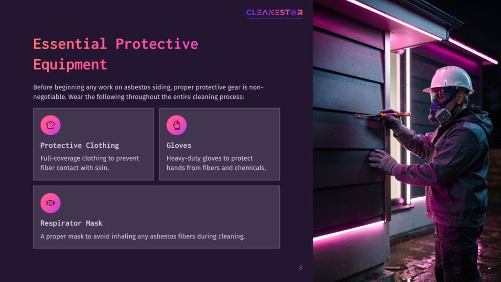 3 Essential Protective Equipment Worker In Protective Gear, Including A Respirator Mask And Helmet, Cleans Siding. Text On The Left Lists &Quot;Essential Protective Equipment,&Quot; &Quot;Protective Clothing,&Quot; &Quot;Gloves,&Quot; And &Quot;Respirator Mask.