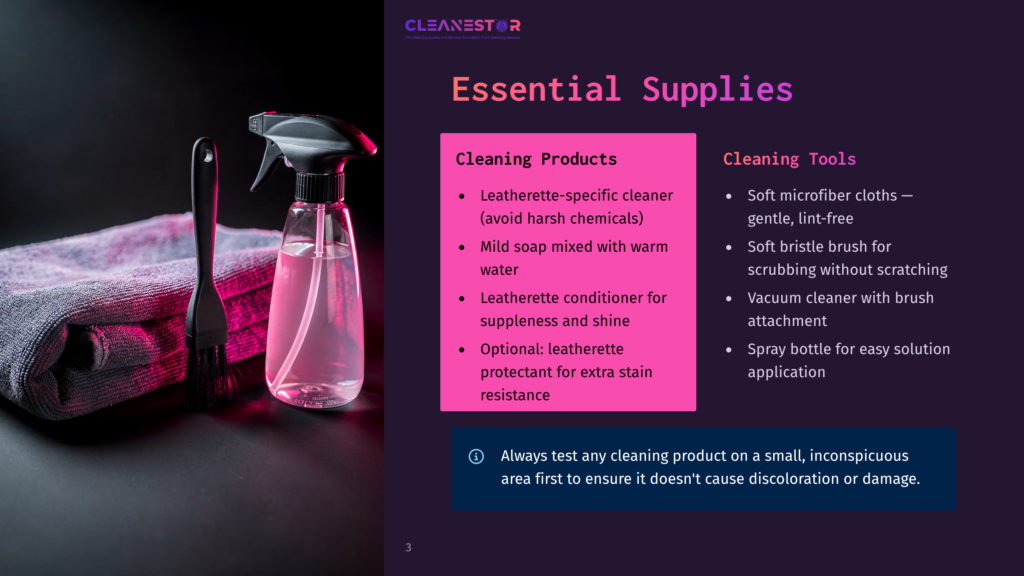 A Pink Spray Bottle, A Brush, And A Folded Towel On A Dark Surface With An Overlay Of Text Listing Cleaning Products And Tools.