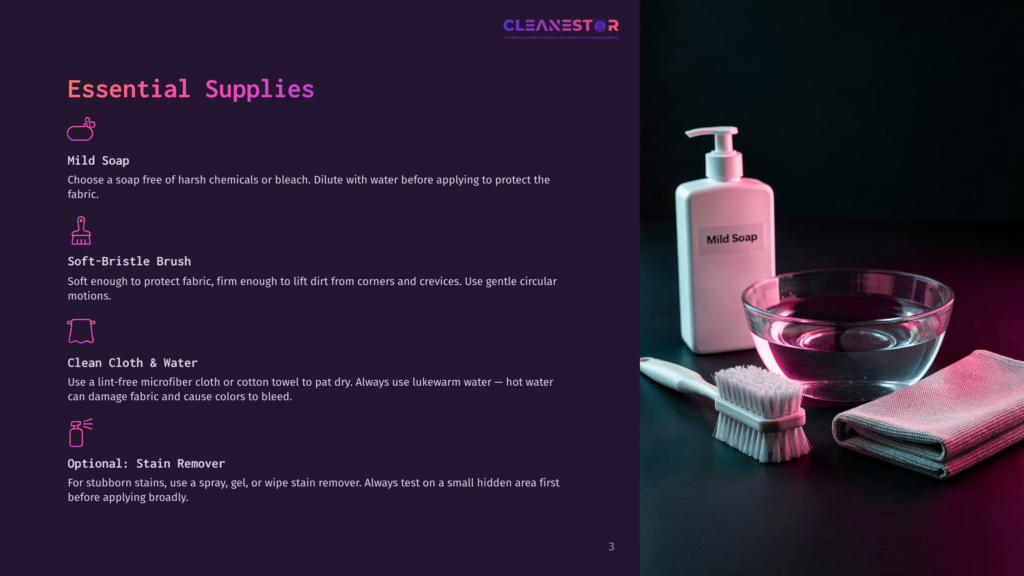 3 Essential Supplies Essential Cleaning Supplies For Fabric Care: A Bottle Of Mild Soap, A Soft-Bristle Brush, And A Microfiber Cloth Next To A Bowl Of Water On A Dark Surface.