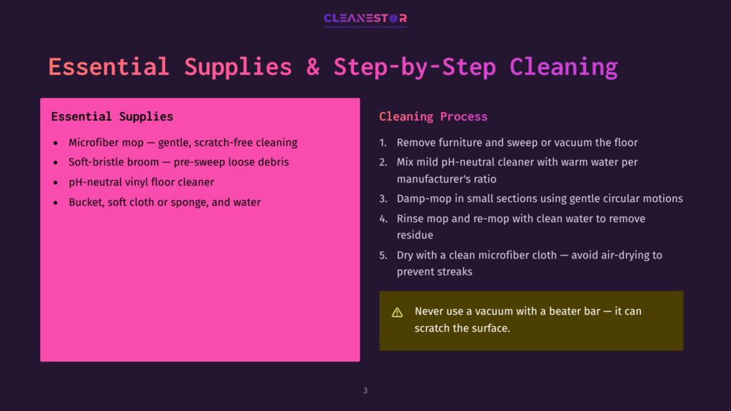 3 Essential Supplies And Step By Step Cleaning 1 A Purple And White Webpage Displays Essential Supplies And A Step-By-Step Cleaning Process. Text Outlines The Use Of A Microfiber Mop, Soft-Bristle Broom, And Other Cleaning Tools For Vinyl Floor Cleaning.
