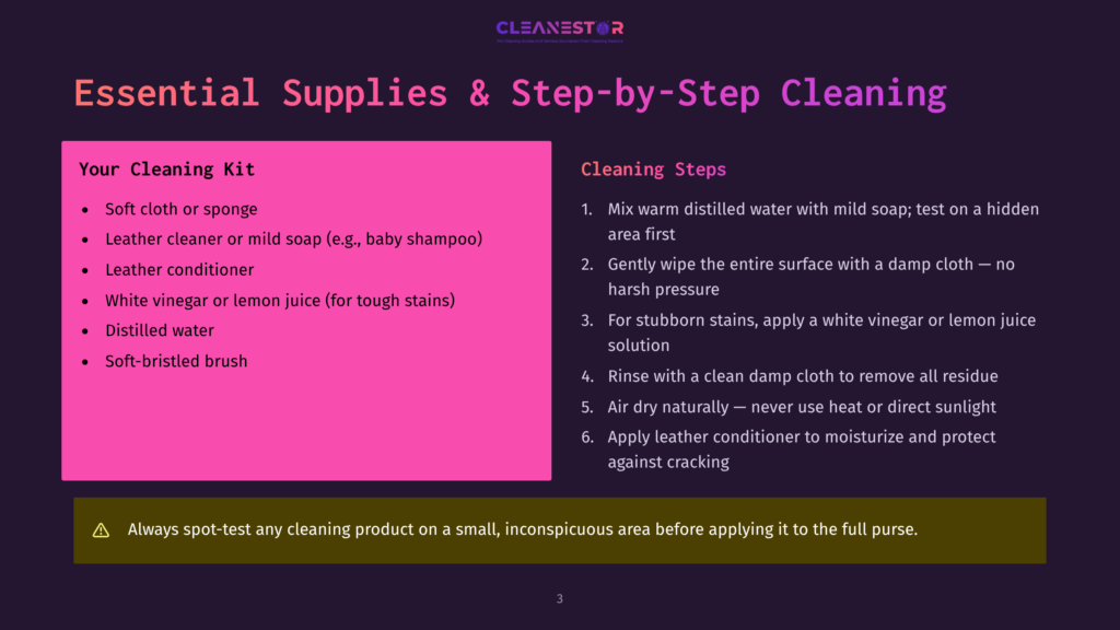 3 Essential Supplies And Step By Step Cleaning A Presentation Slide Titled &Quot;Essential Supplies &Amp; Step-By-Step Cleaning&Quot; By Cleanestor, Listing Cleaning Kit Items Like Soft Cloth, Leather Cleaner, And White Vinegar, And Cleaning Steps.