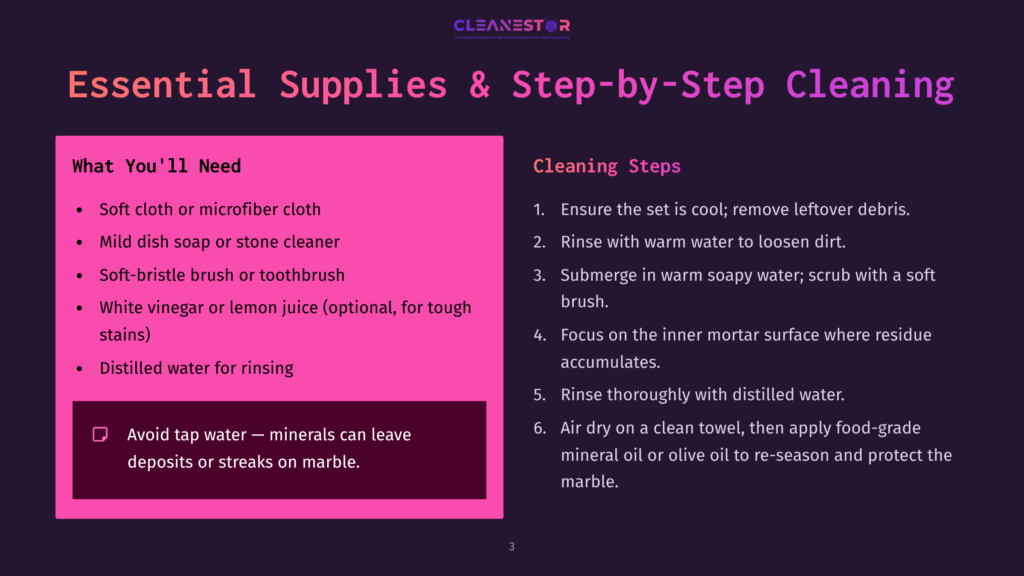 Step-By-Step Cleaning Instructions Are Displayed On A Purple Background, With Essential Supplies Listed On The Left And Cleaning Steps On The Right. Supplies Include A Soft Cloth Or Microfiber Cloth, Mild Dish Soap Or Stone Cleaner, A Soft-Bristle Brush Or Toothbrush, White Vinegar Or Lemon Juice, And Distilled Water. The Cleaning Steps Involve Ensuring The Set Is Cool, Removing Debris, Rinsing With Warm Water, Submerging In Warm Soapy Water, Scrubbing With A Soft Brush, Focusing On Inner Mortar Surfaces, And Thoroughly Rinsing With Distilled Water.
