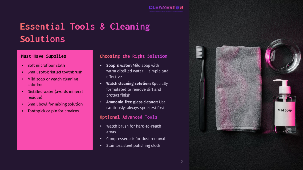 Essential Tools And Cleaning Solutions For Maintaining Your Items: A Toothbrush, Microfiber Cloth, Distilled Water, Soap, And A Gentle Glass Cleaner.