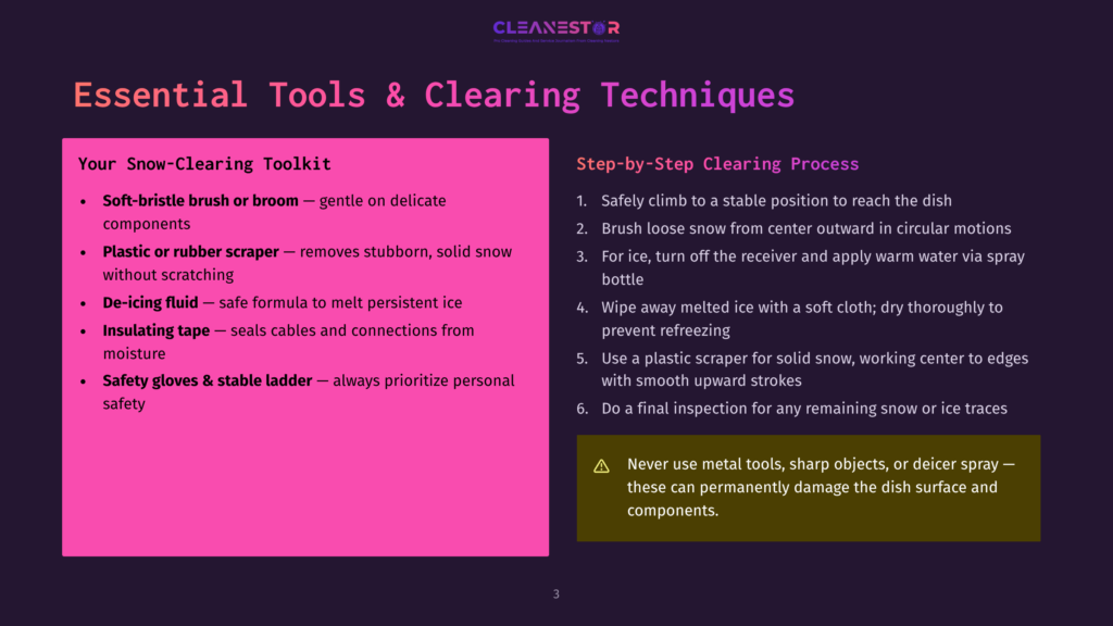 A Slide Titled &Quot;Essential Tools &Amp; Clearing Techniques&Quot; From Cleanestor, Detailing Snow-Clearing Tools Like Soft-Bristle Brushes, Scrapers, And Safety Gear, Alongside Step-By-Step Clearing Processes.