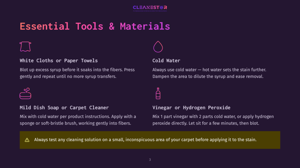 Essential Tools &Amp; Materials For Cleaning: White Cloths, Cold Water, Mild Dish Soap Or Carpet Cleaner, And Vinegar Or Hydrogen Peroxide. Includes A Warning To Test Cleaning Solutions.