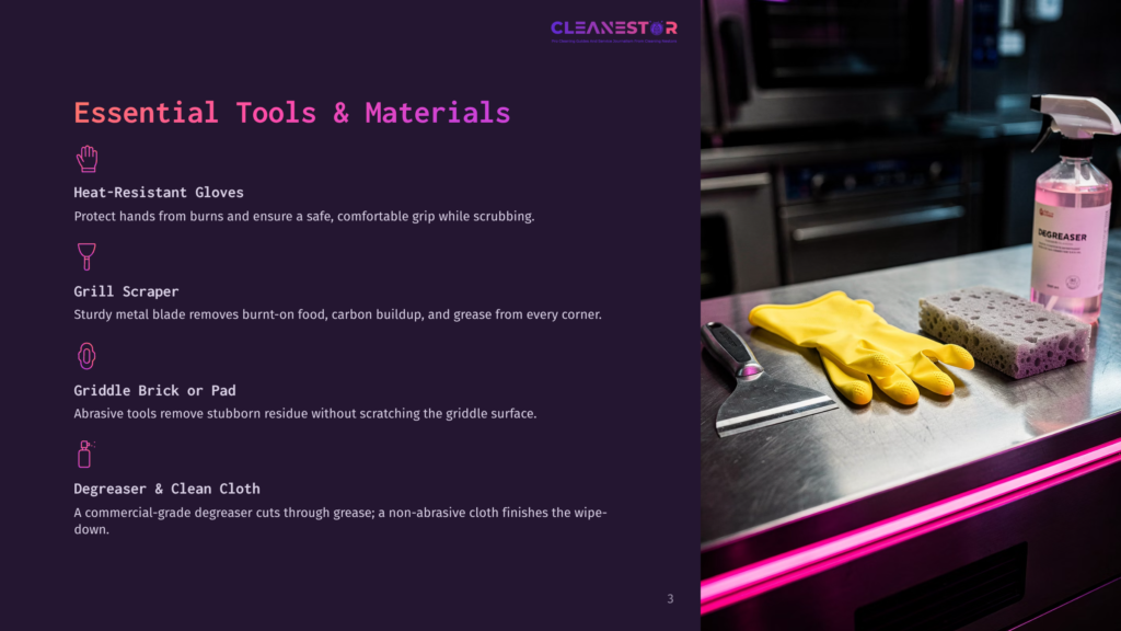 3 Essential Tools And Materials Essential Tools For Griddle Cleaning: Heat-Resistant Gloves, Grill Scraper, Griddle Brick, And Degreaser Spray Bottle On A Stainless Steel Surface.