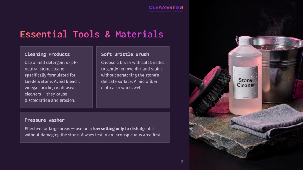 3 Essential Tools And Materials 3 A Bottle Of &Quot;Stone Cleaner&Quot; Sits Next To A Stiff-Bristled Brush And A Gray Microfiber Cloth On A Textured Gray Stone Surface. Steam Rises From A Metal Bucket In The Background.