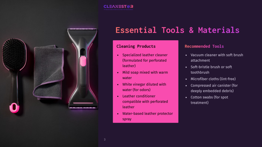 3 Essential Tools And Materials 4 Cleanestor Essential Tools &Amp; Materials: Specialized Leather Cleaner, Mild Soap, White Vinegar, Leather Conditioner, And Water-Based Leather Protector Spray Are Shown Alongside A Vacuum Cleaner, Soft-Bristle Brush, Microfiber Cloths, Compressed Air Canister, And Cotton Swabs For Cleaning Products.