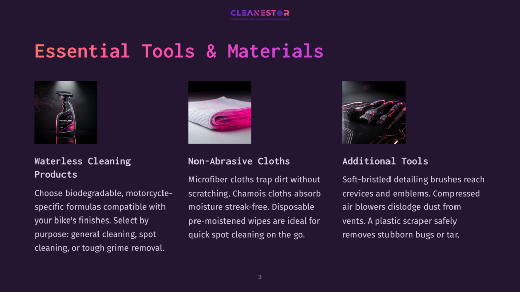 3 Essential Tools And Materials 6 Essential Tools &Amp; Materials For Bike Cleaning: Waterless Cleaning Products, Non-Abrasive Cloths, And Additional Tools Like Soft-Bristled Brushes And A Plastic Scraper.