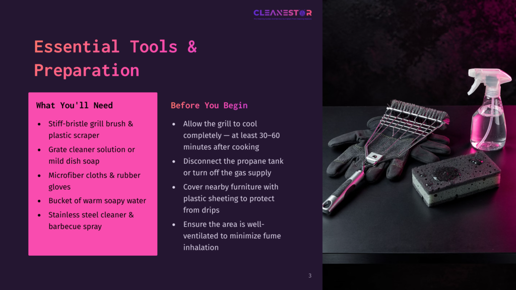Essential Tools &Amp; Preparation For Grill Cleaning: A Grill Brush, Gloves, Cleaning Solution, Soap, And Spray Bottle Are Laid Out On A Dark Surface, With A Sponge And A Pink Checklist Visible.