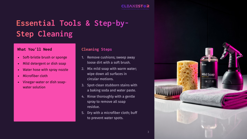 3 Essential Tools And Step By Step Cleaning Cleanestor Mild Soap Bottle And Cleaning Tools: A Soft Brush, A Microfiber Cloth, And A Sponge, On A Clean Surface, With Text Listing Essential Tools For Step-By-Step Cleaning.