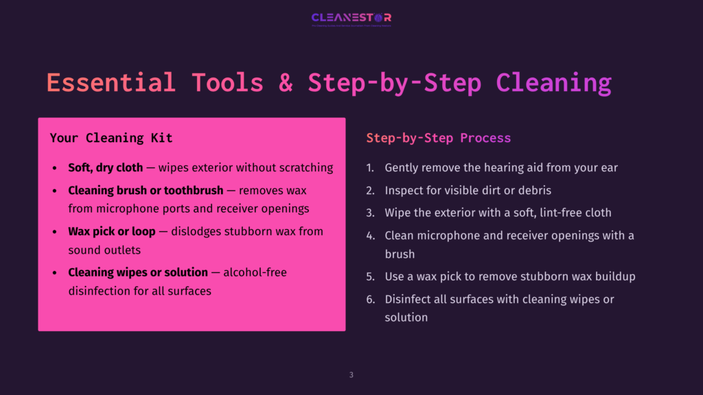 3 Essential Tools And Step By Step Cleaning 2 Slide Titled &Quot;Essential Tools &Amp; Step-By-Step Cleaning&Quot; For Hearing Aids, Listing Tools Like Soft Cloth, Brush, And Wax Pick, Along With Cleaning Steps.