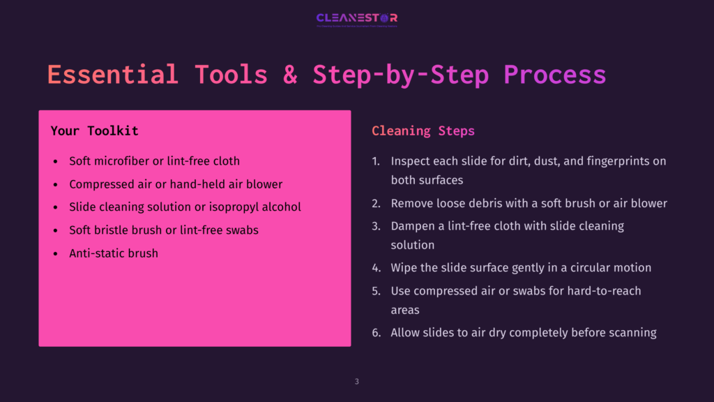 3 Essential Tools And Step By Step Process Cleanestor Logo And Text On A Dark Purple Background. The Slide Shows &Quot;Essential Tools &Amp; Step-By-Step Process&Quot; And Lists Cleaning Tools And Steps For Cleaning Slides.