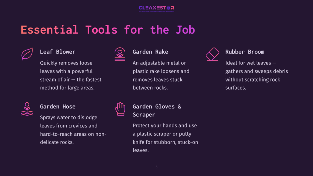 Essential Tools For The Job: Leaf Blower, Garden Rake, Rubber Broom, Garden Hose, And Garden Gloves &Amp; Scraper. The Image Lists And Describes These Tools For Cleaning.
