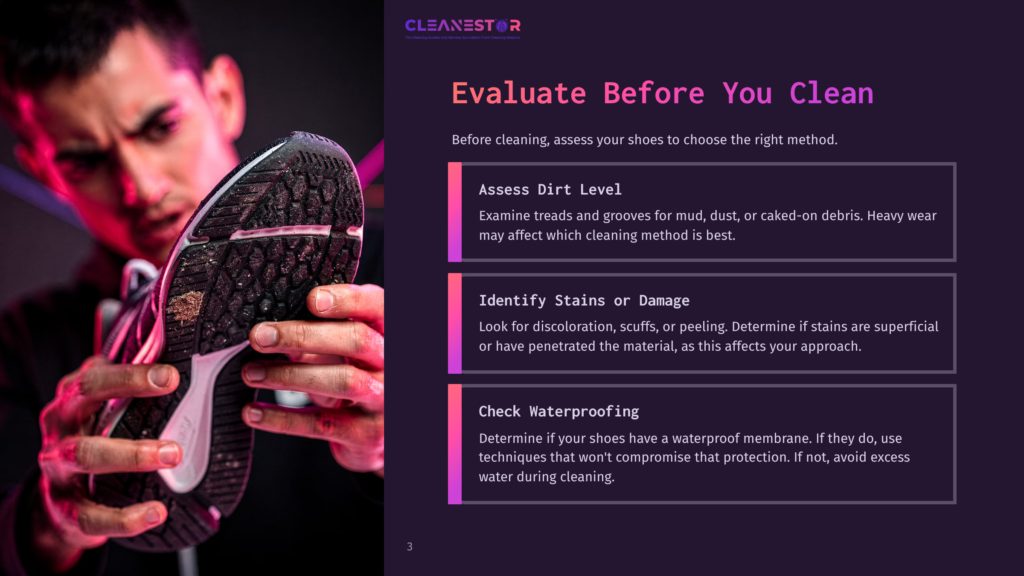 A Man Examines The Dirty Sole Of A Sneaker, With Text Overlaying The Right Side Of The Image That Reads &Quot;Evaluate Before You Clean&Quot; And Bullet Points Detailing How To Assess Dirt Level, Identify Stains Or Damage, And Check Waterproofing.