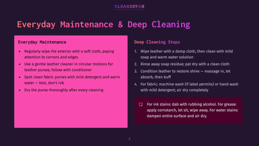 Slide With Text Titled &Quot;Everyday Maintenance &Amp; Deep Cleaning&Quot; Detailing Steps For Cleaning Leather Purses And Fabric Purses, With A Section On Ink Stain Removal.