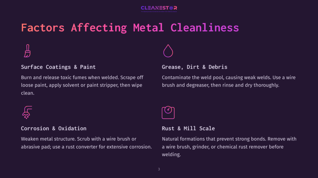 Factors Affecting Metal Cleanliness: Icons And Text Explain Surface Coatings, Grease, Corrosion, And Rust Removal For Clean Metal.