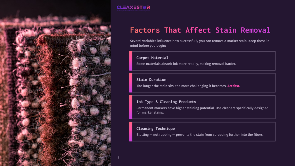 Close-Up Of Textured Carpet Fibers In Shades Of Brown And Pink, With Text Overlay &Quot;Cleanestor Factors That Affect Stain Removal&Quot;.