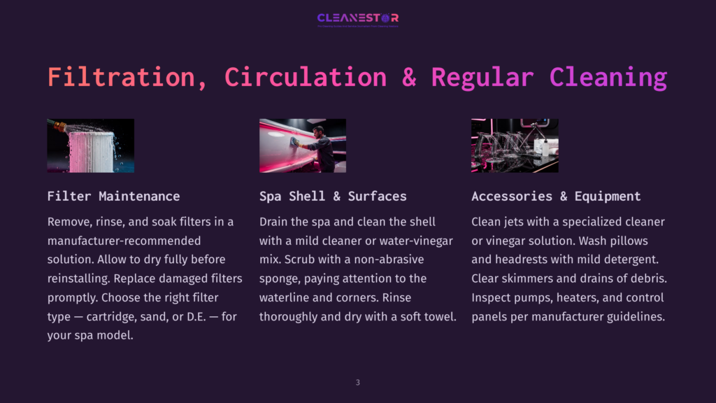 A Spa Maintenance Infographic With Three Sections: Filter Maintenance, Spa Shell &Amp; Surfaces, And Accessories &Amp; Equipment. The Visual For Filter Maintenance Shows A Water Filter Being Cleaned And Reinstalled. The Spa Shell &Amp; Surfaces Section Includes A Person Cleaning The Spa Shell With A Mild Cleaner. Accessories &Amp; Equipment Features A Specialized Cleaner Being Used On Spa Jets.
