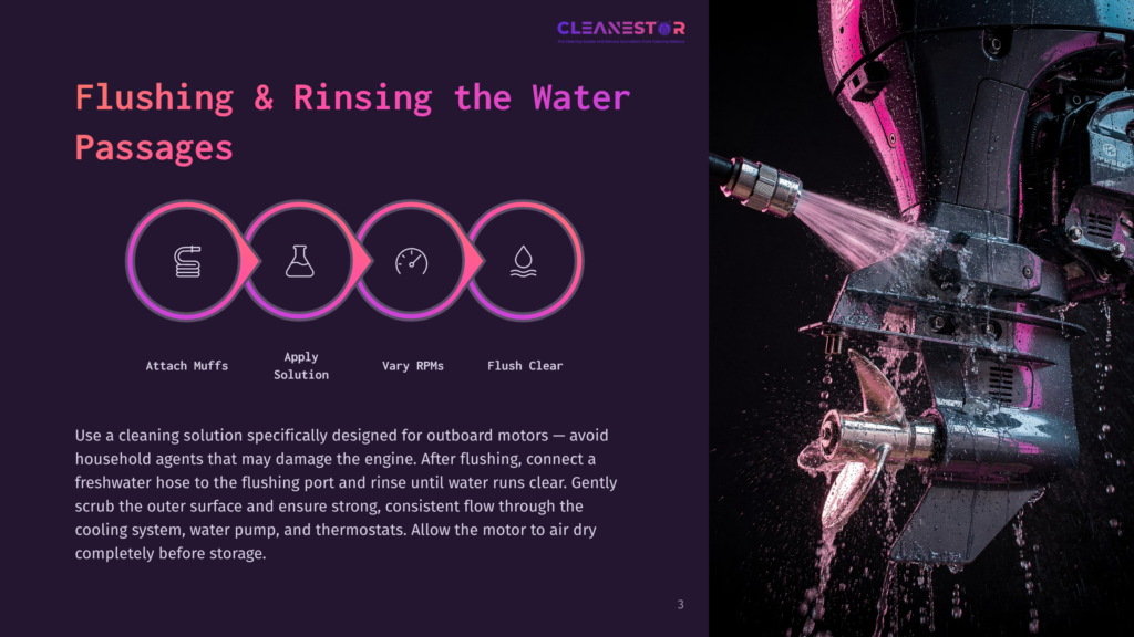 3 Flushing And Rinsing The Water Passages Diagram Showing Outboard Motor Flushing Steps: Attach Muffs, Apply Solution, Vary Rpms, Flush Clear. Text Details Safe Outboard Motor Cleaning.