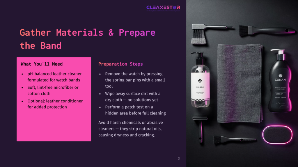3 Gather Materials And Prepare The Band Gather Materials &Amp; Prepare The Band: A Flat Lay Displays Watch Cleaning Supplies Including A Ph-Balanced Leather Cleaner, Microfiber Cloths, Leather Conditioner, A Brush Set, And Conan Premium Leather Cleaner.