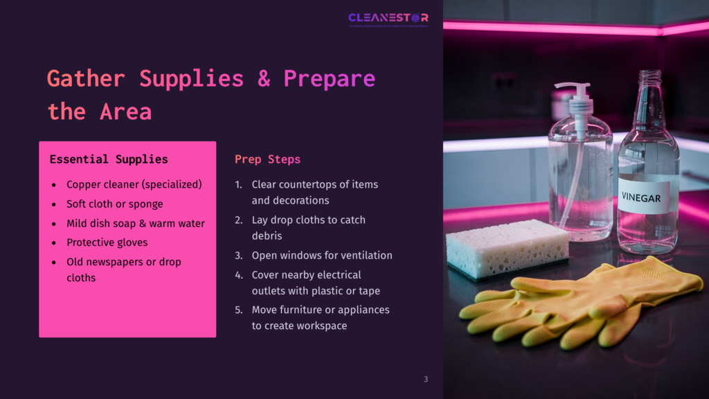 Gather Supplies &Amp; Prepare The Area: Essential Supplies For Cleaning Copper, Including Copper Cleaner, Soft Cloth, Mild Dish Soap, Protective Gloves, And Old Newspapers, Are Displayed Next To A Spray Bottle And Vinegar.