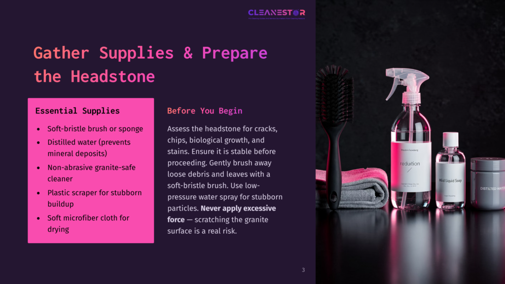 3 Gather Supplies And Prepare The Headstone Cleanestor Granite Cleaner Spray Bottle, Soft Brush, Microfiber Cloth, And Distilled Water Sit On A Dark Surface, Ready For Headstone Cleaning.