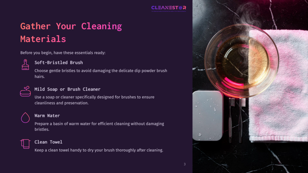 Gather Your Cleaning Materials: Soft-Bristled Brush, Mild Soap, Warm Water, And A Clean Towel Are Laid Out On A Dark Marble Surface Next To A Bowl Of Water And A White Towel.