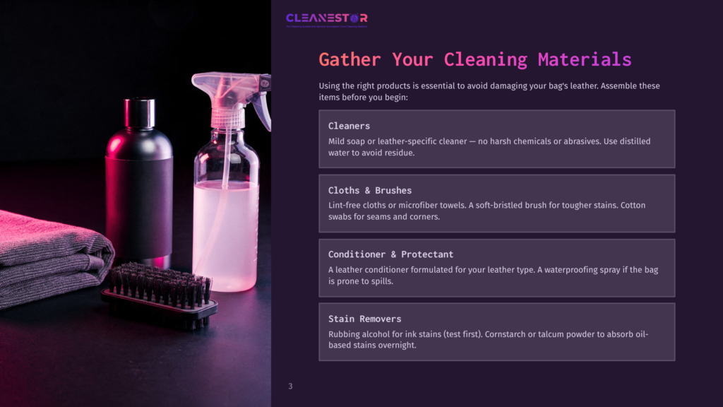 Cleanestor Cleaning Guide: Spray Bottle, Dark Bottle, And Brush For Leather Cleaning And Conditioning.