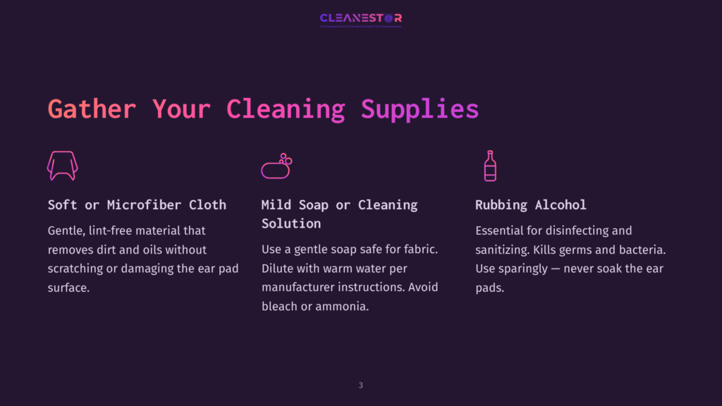 Illustration Showing Three Cleaning Supplies: A Pink Microfiber Cloth, A Pink Bottle Of Mild Soap, And A Pink Bottle Of Rubbing Alcohol, With Text &Quot;Gather Your Cleaning Supplies&Quot; Above.