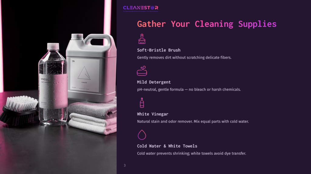Cleaning Supplies Including A Bottle Of Vinegar, A Large Jug Of Detergent, And White Towels Are Arranged On A Dark Surface, With Cleaning Brushes In The Foreground.