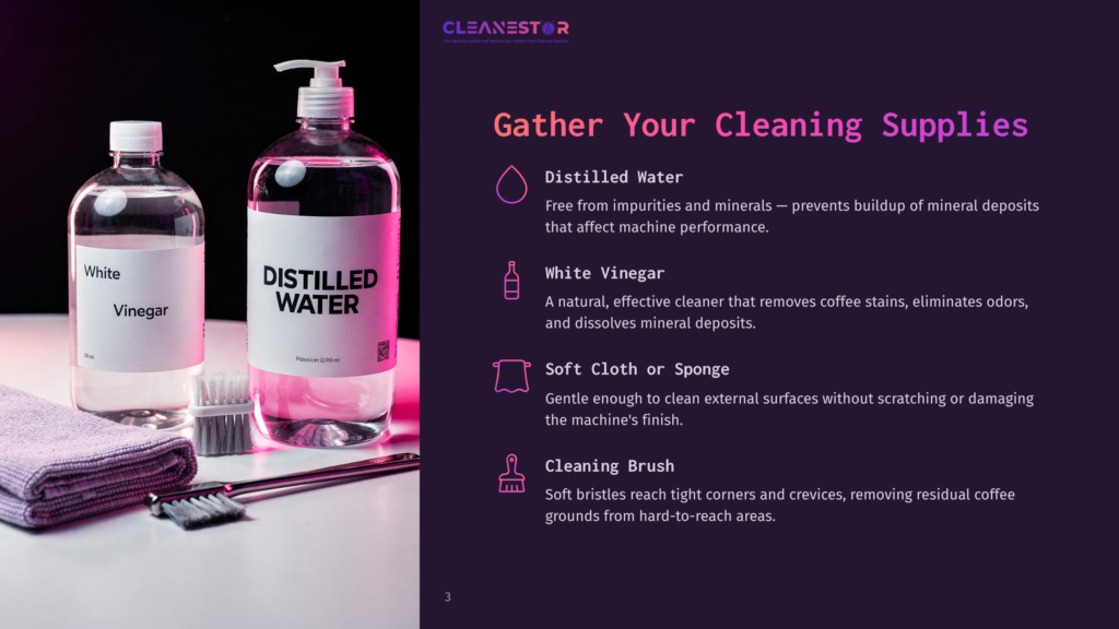 3 Gather Your Cleaning Supplies 6 Two Bottles Of Cleaning Supplies, One Labeled &Quot;White Vinegar&Quot; And The Other &Quot;Distilled Water,&Quot; Sit Next To A Soft Purple Cloth And A Cleaning Brush On A Dark Surface.