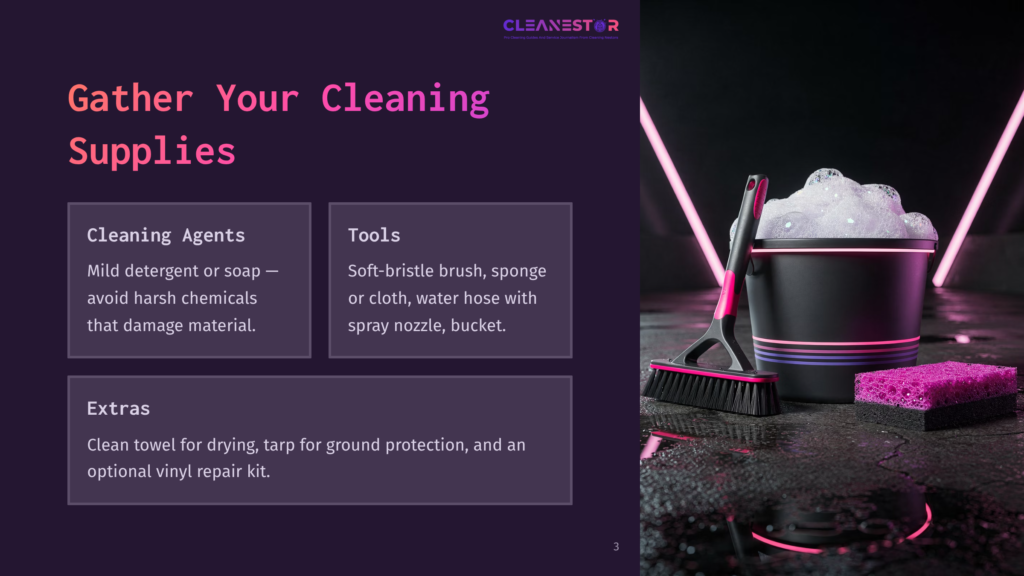 Cleanestar Logo And Text &Quot;Gather Your Cleaning Supplies&Quot; With A Bucket Of Suds, A Brush, And A Sponge.