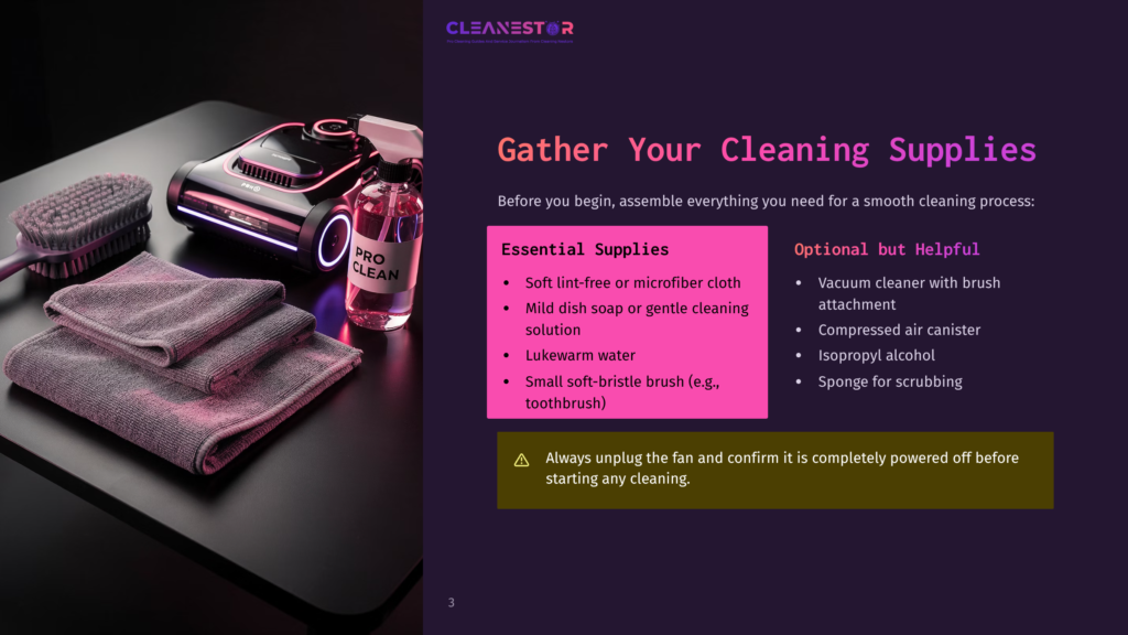 A Modern Black And Silver Fan Cleaner With A Pink Spray Bottle Labeled &Quot;Pro Clean,&Quot; Soft Microfiber Cloths, And A Brush Are Arranged On A Dark, Reflective Surface, Ready For Cleaning Supplies.
