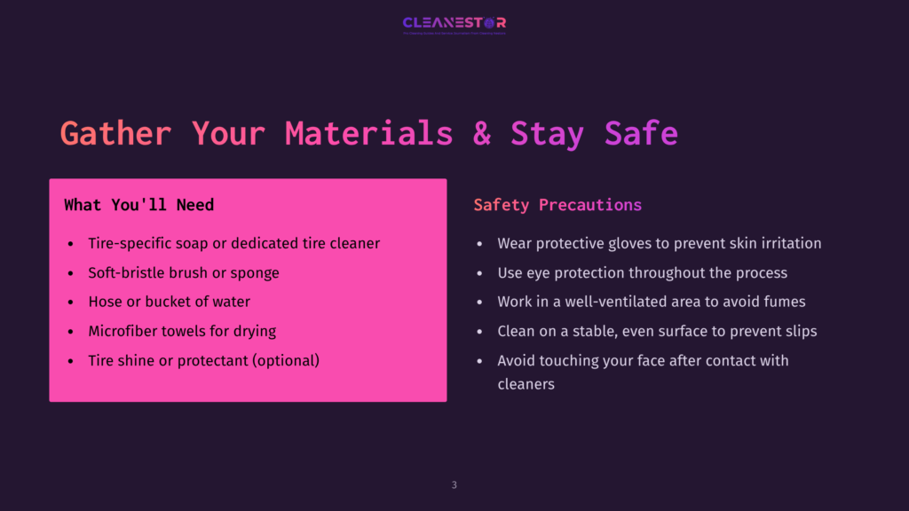 Slide Titled &Quot;Gather Your Materials &Amp; Stay Safe&Quot; With &Quot;What You'Ll Need&Quot; And &Quot;Safety Precautions&Quot; Lists, Featuring The Cleanestor Logo.