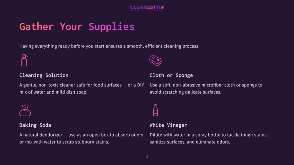 Illustration Showing Cleaning Supplies: A Bottle Of Cleaning Solution, A Cloth Or Sponge, Baking Soda In An Open Box, And A Spray Bottle Of White Vinegar. Text Reads &Quot;Gather Your Supplies.