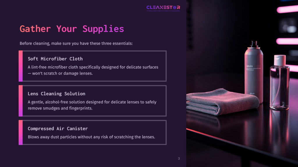 3 Gather Your Supplies 16 Three Essential Lens Cleaning Supplies: A Microfiber Cloth, Lens Cleaning Solution, And A Compressed Air Canister, Neatly Arranged On A Dark Surface With Soft Lighting.