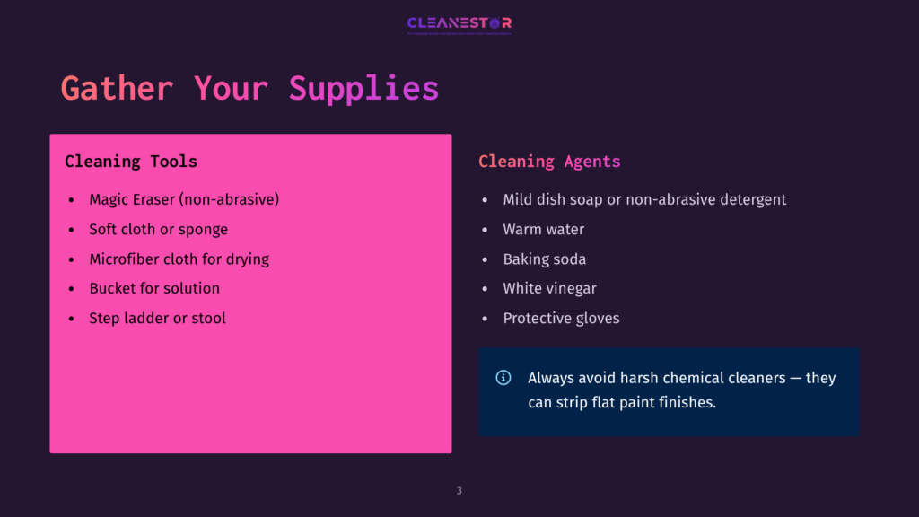 3 Gather Your Supplies 5 A Presentation Slide Titled &Quot;Gather Your Supplies&Quot; Lists Cleaning Tools Like Magic Eraser, Cloths, And A Bucket, And Cleaning Agents Such As Dish Soap, Baking Soda, And White Vinegar, With A Note About Avoiding Harsh Chemicals.