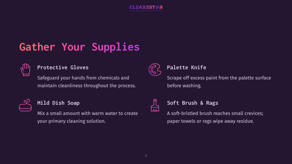 Gather Your Supplies: Protective Gloves, Palette Knife, Mild Dish Soap, Soft Brush &Amp; Rags. Icons Illustrate Each Cleaning Supply For Effective Home Cleaning.
