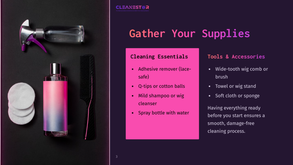 Gather Your Supplies For Wig Cleaning, Featuring A Spray Bottle, Wig Shampoo, Cotton Balls, A Wig Stand, And A Wide-Tooth Comb.