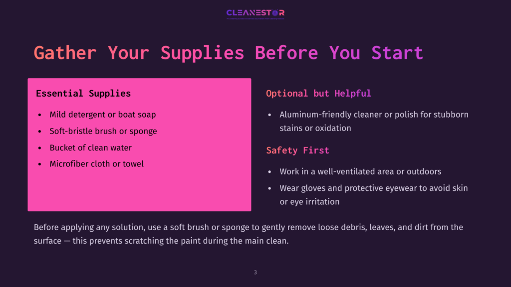 A Purple And Pink Slide Titled &Quot;Gather Your Supplies Before You Start&Quot; Lists Essential Cleaning Supplies Like Mild Detergent, Soft Brush, Bucket, And Microfiber Cloth, Plus Optional Items Like Aluminum Cleaner And Safety Tips.