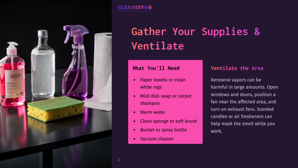 3 Gather Your Supplies And Ventilate Cleaning Supplies Arranged On A Dark Surface: A Bottle Of &Quot;Milbar&Quot; Vinegar Dish Soap, A Clear Bottle Of Liquid, A Purple Spray Bottle, A Yellow And Green Sponge, And A Roll Of White Paper Towels. Text Overlay Reads &Quot;Cleanestor&Quot; And &Quot;Gather Your Supplies &Amp; Ventilate&Quot;.