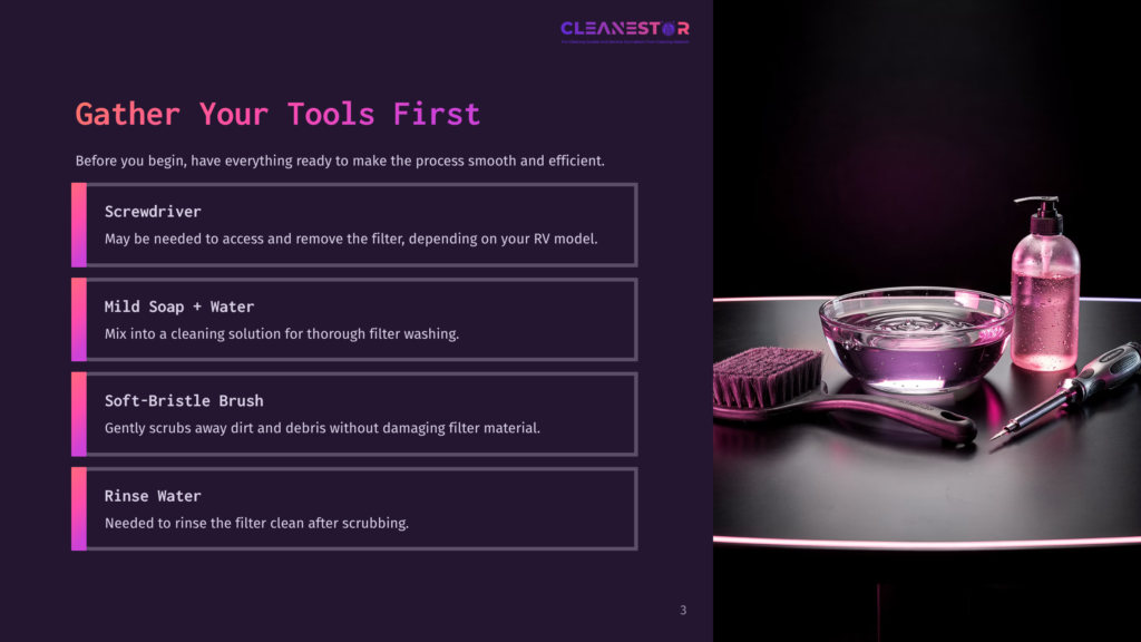 Cleanestor Logo And Text On A Dark Background, Listing Tools For Rv Filter Cleaning: Screwdriver, Mild Soap + Water, Soft-Bristle Brush, Rinse Water. To The Right, A Cleaning Kit With A Brush, Bowl Of Water, And Soap Dispenser.