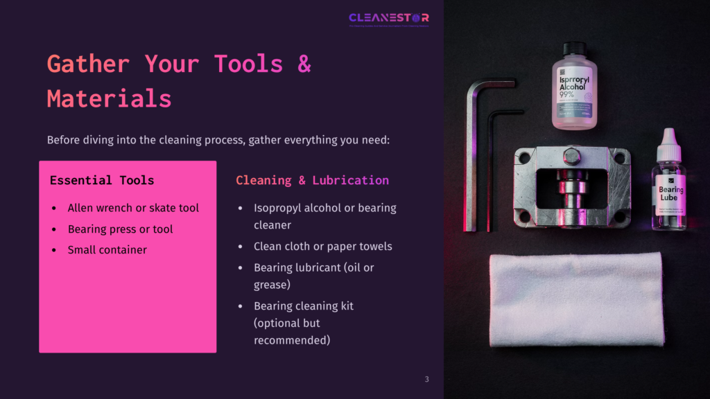 3 Gather Your Tools And Materials Top-Down View Of Tools And Materials For Cleaning And Lubricating Bearings: Allen Wrenches, Isopropyl Alcohol, Bearing Lubricant, And A Cloth, Laid Out On A Dark Surface With A Pink And Purple Text Overlay Listing &Quot;Gather Your Tools &Amp; Materials&Quot; And &Quot;Essential Tools&Quot;.
