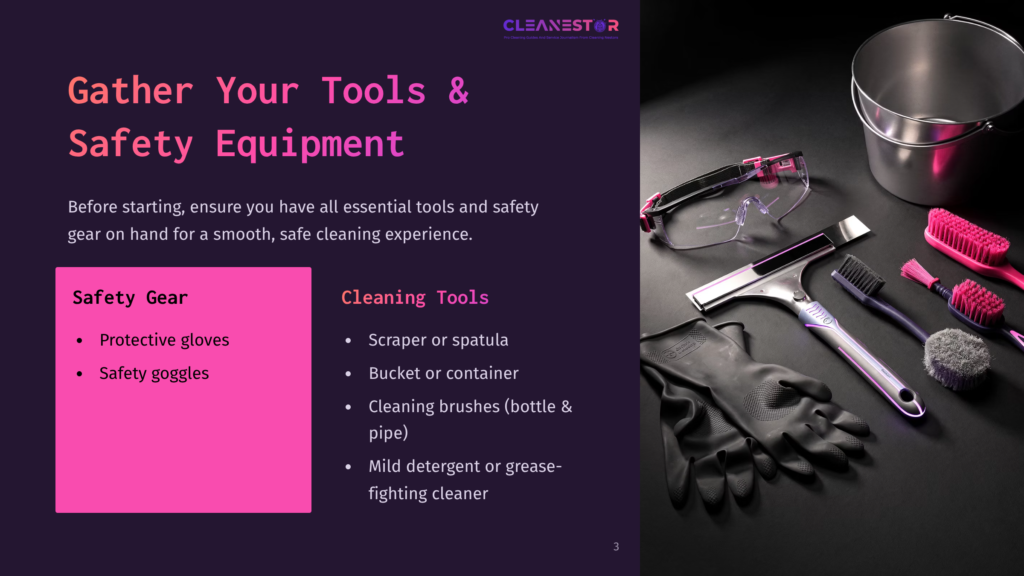 A Collection Of Cleaning Tools And Safety Gear, Including Protective Gloves, Goggles, Brushes, A Squeegee, And A Bucket, Are Neatly Arranged On A Dark Surface. Text Overlays Read &Quot;Gather Your Tools &Amp; Safety Equipment&Quot; And &Quot;Cleanestar.