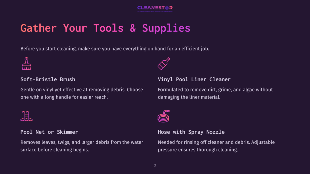 Illustration Of Pool Cleaning Supplies: A Soft-Bristle Brush, A Pool Net Or Skimmer, A Bottle Of Vinyl Pool Liner Cleaner, And A Hose With A Spray Nozzle.