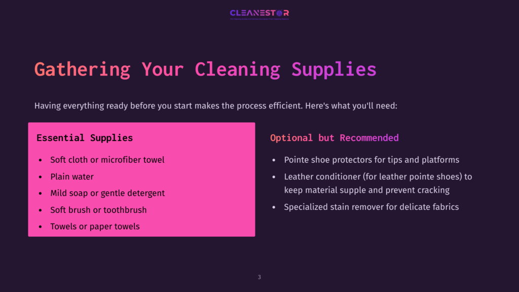 Title Slide For &Quot;Gathering Your Cleaning Supplies&Quot; With &Quot;Cleanestor&Quot; Logo. Lists Essential Supplies Like Soft Cloths, Plain Water, And Mild Soap, And Optional Items Like Shoe Protectors And Leather Conditioner.