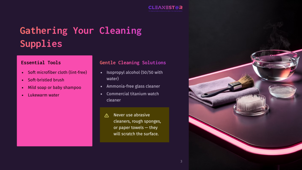 3 Gathering Your Cleaning Supplies A Cleaning Setup With Soft Microfiber Cloths, A Brush, And Isopropyl Alcohol Solution In A Bowl, Alongside A Large Glass Bowl Of Clear Liquid, On A Dark Surface With Pink Led Lighting.
